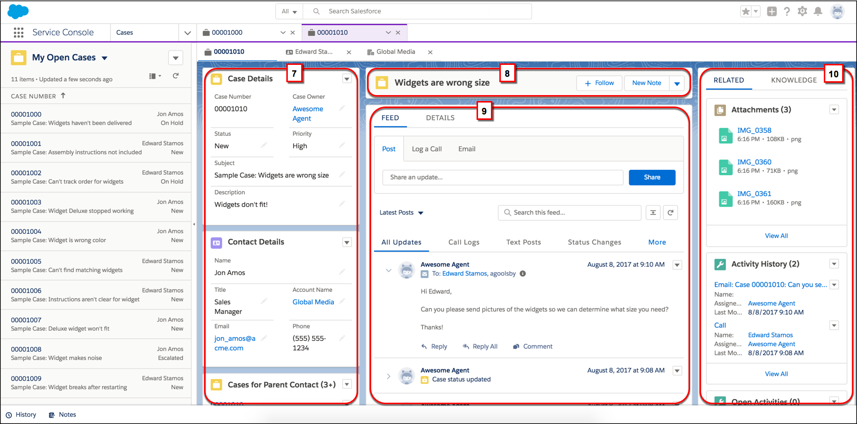 Anatomía de visualización de tres columnas en una aplicación de consola Lightning