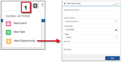 Créez un enregistrement depuis les actions de création rapide dans le menu Actions globales.
