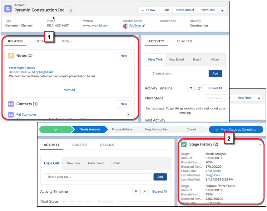 Lugares onde você pode encontrar listas relacionadas em um registro, dependendo de como o layout de página do objeto foi configurado