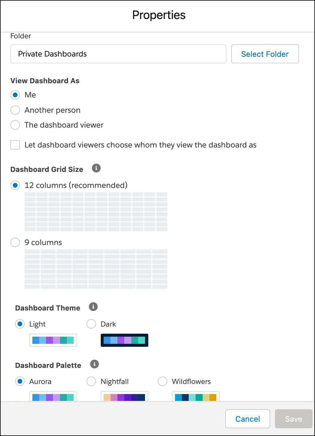 Dashboard properties window showing the viewing, grid size, and theme settings.