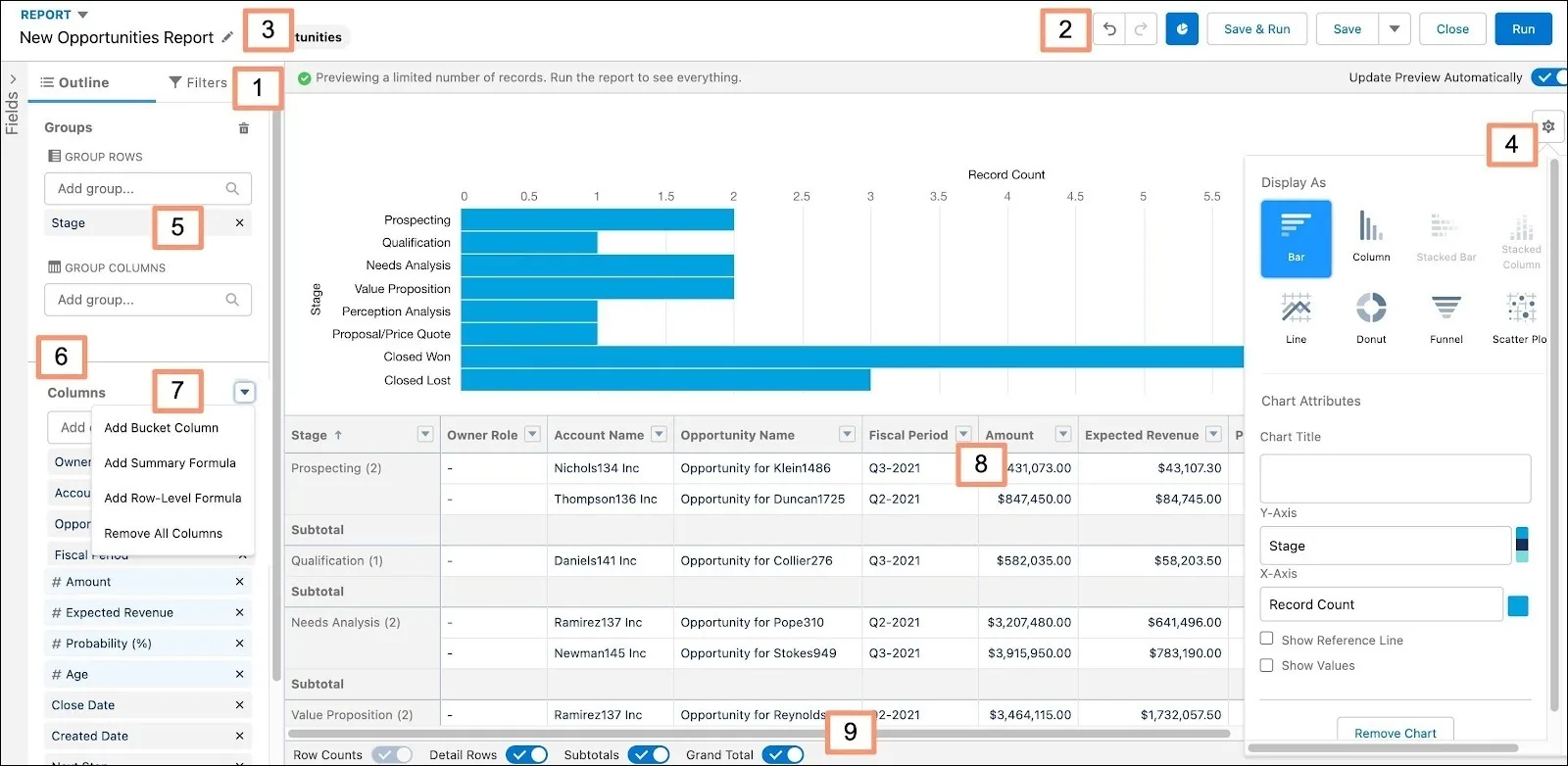 Report builder example with numbered callouts