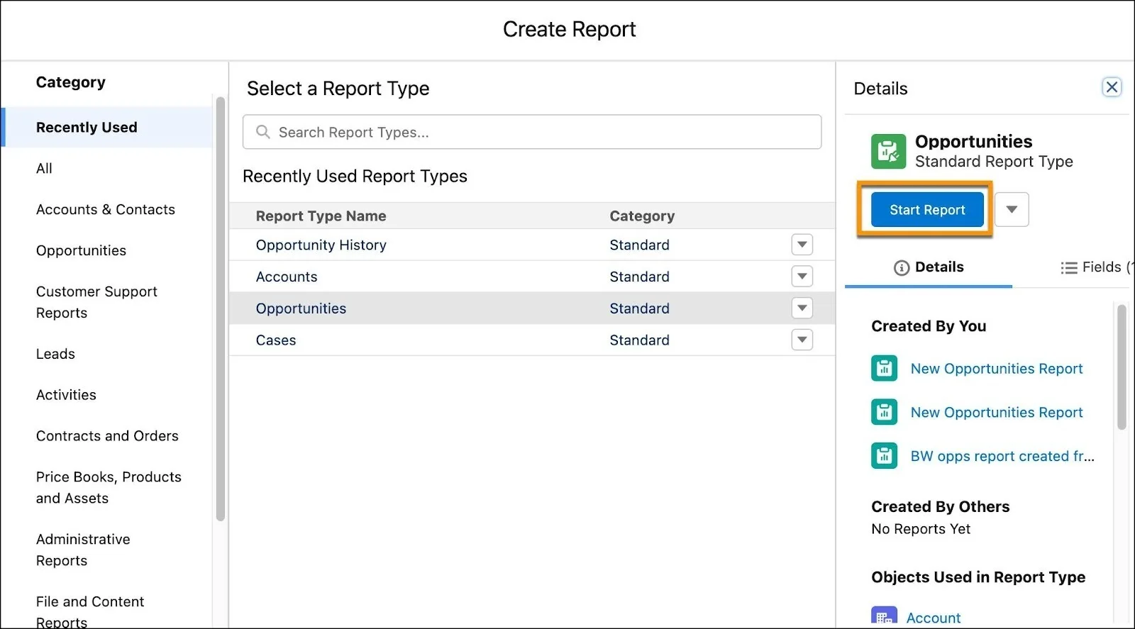 Create Report window showing the Start Report button