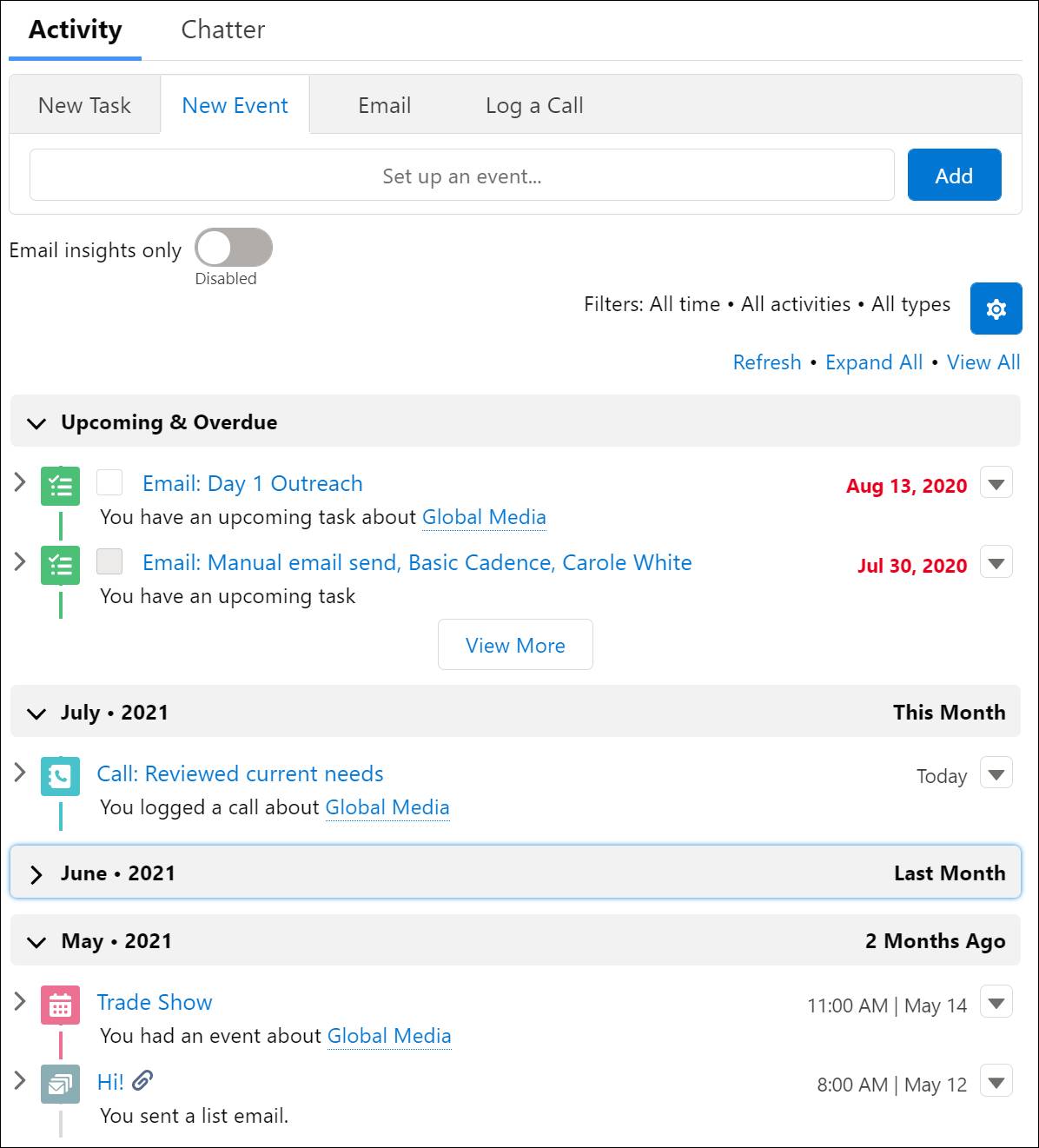 The activity composer and its activity tabs