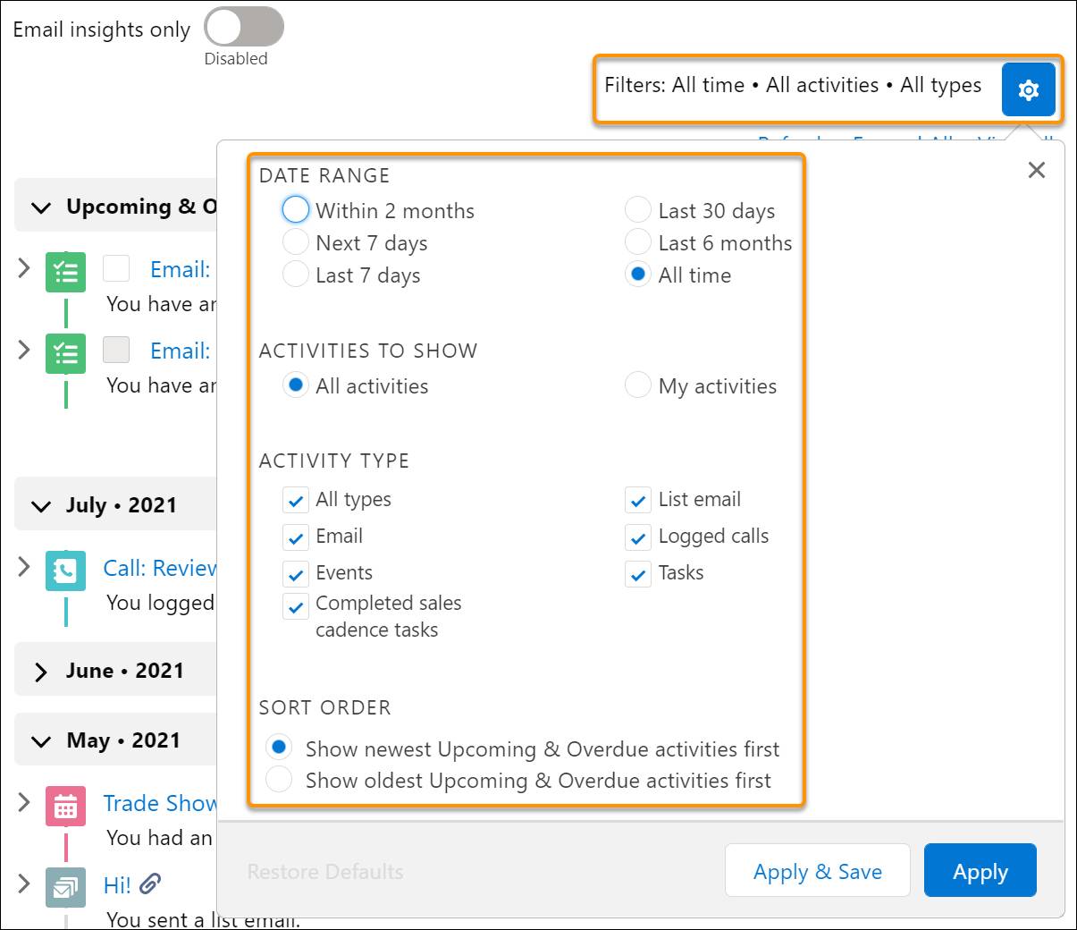 Filter what you see in the activity timeline