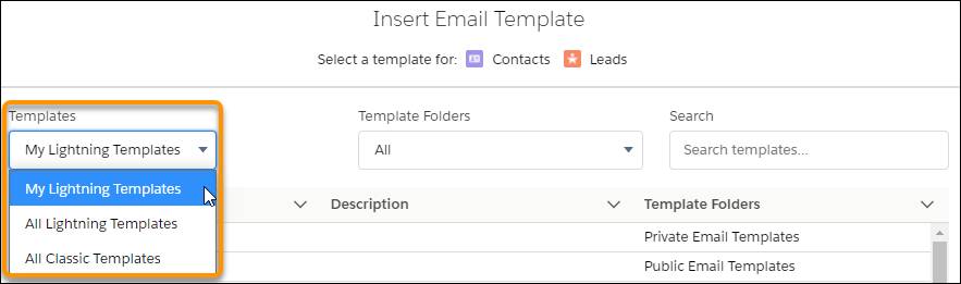 Choosing email templates in Lightning Experience