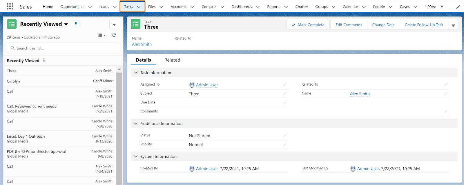 La página de inicio de Tareas en Lightning Experience