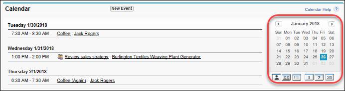 Salesforce Classic의 홈 페이지에 있는 캘린더