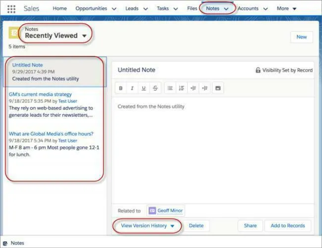 La página de inicio de Notas en Lightning Experience