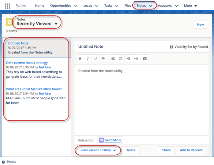 La página de inicio Notas en Lightning Experience