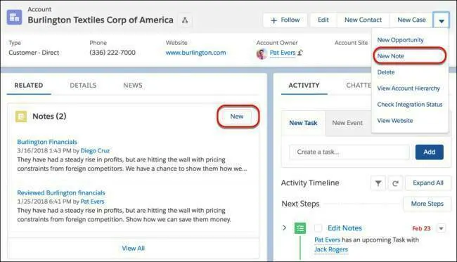 Sur les enregistrements, créez des notes depuis le menu d’actions ou la liste associée Notes
