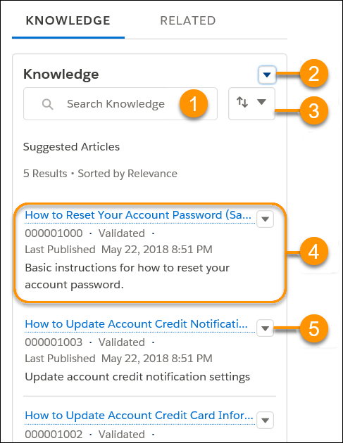 Knowledge pane with five sections highlighted