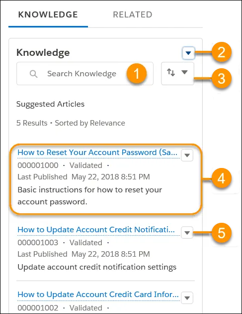 Volet Knowledge avec cinq sections mises en évidence