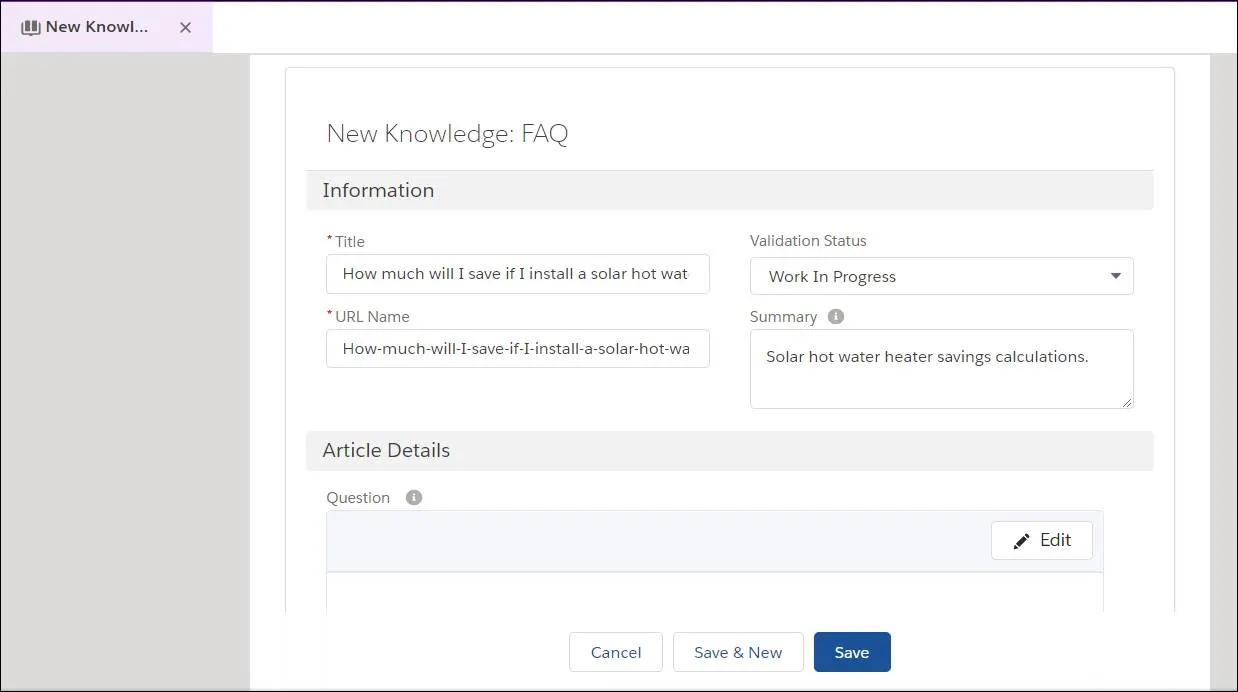 The New Knowledge FAQ page with Title, URL Name, Validation Status, and Summary filled out with Ada’s values.