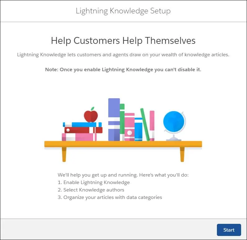 Lightning Knowledge Setup Flow walks you through enabling Lightning Knowledge, selecting Knowledge authors, and organizing your articles with data categories.