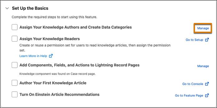 Salesforce Go 中的 Knowledge 页面，其中 Manage（管理）按钮已高亮显示，位于 Assign Your Knowledge Authors and Create Data Categories（分配您的 Knowledge 作者并创建数据类别）旁边。