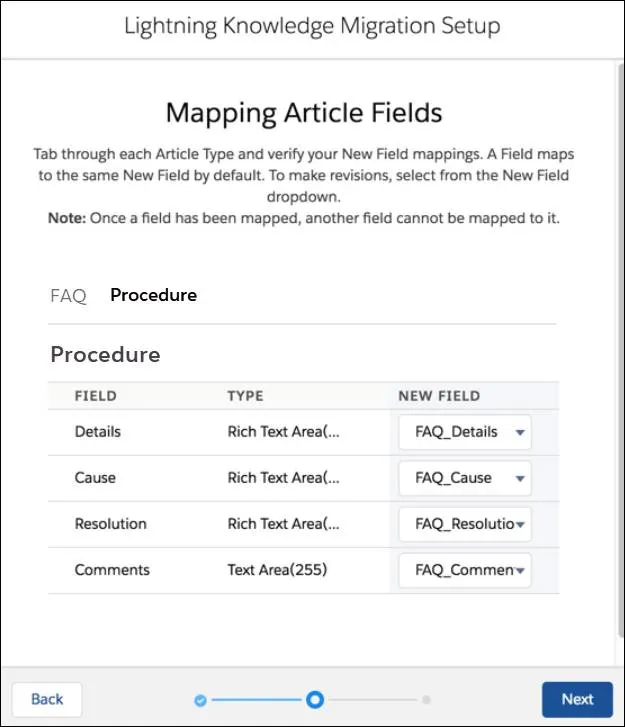 Lightning Knowledge Migration Tool displaying the Procedure article type with FAQ_Details mapped to Details. FAQ_Cause is mapped to Cause. FAQ_Resolution is mapped to Resolution. FAQ_Comments is mapped to comments.