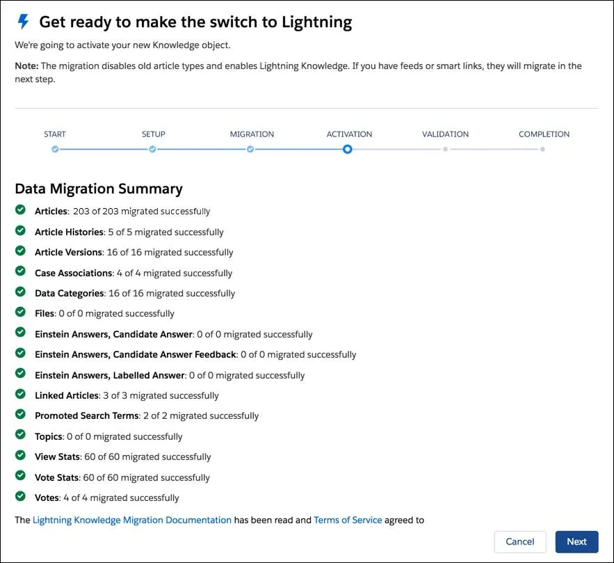 Lightning Knowledge Migration Tool displaying the Data Migration Summary listing what migrated, including articles, article histories, versions, and more.