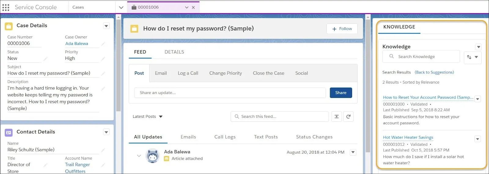 Knowledge pane inside a case. It shows articles for How to Reset Your Account Password and Hot Water Heater Savings.