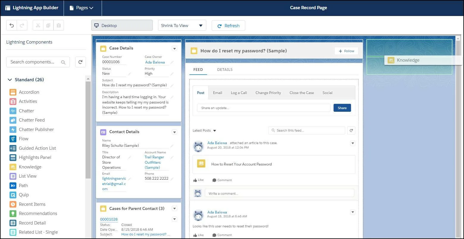 ケースレコードページの Lightning アプリケーションビルダー。[ナレッジ] コンポーネントがページにドラッグされています。