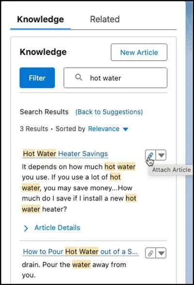 ケース内の [ナレッジ] ペイン。「Hot Water Heater Savings (温水器による節約)」という記事の横にあるメニューに表示されたペーパークリップアイコン。