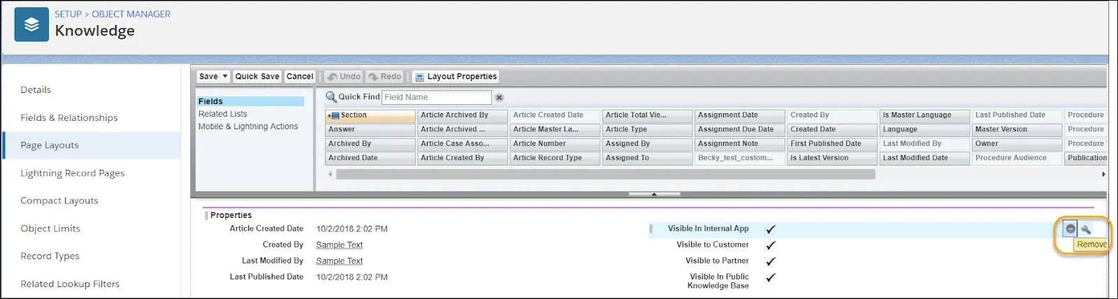 Page Layout Editor scrolled to Properties section with Visible in Internal App and the Remove button highlighted.