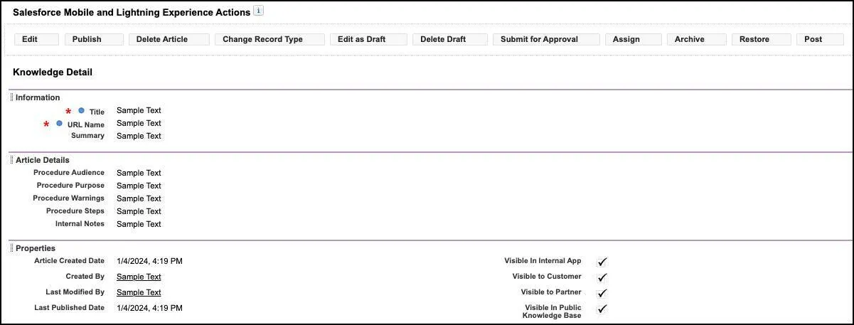 Page Layout for Procedure - Authors showing all actions and fields, including the new Internal Notes field and the extra actions.