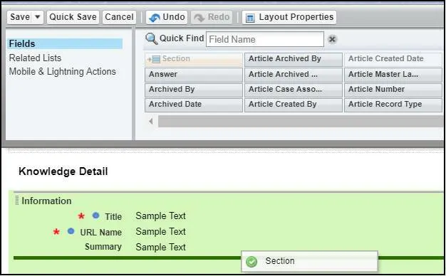 Page layout showing the Section field being dragged below the Knowledge Detail section.