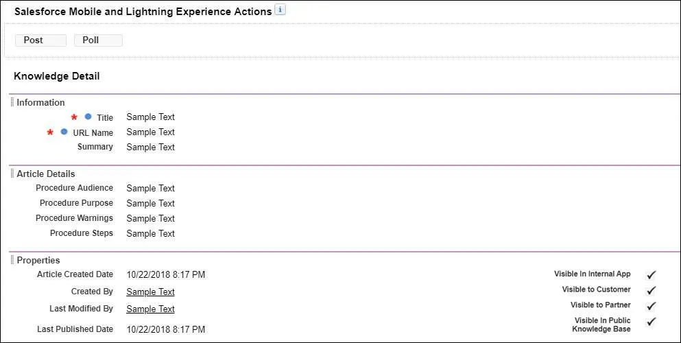 The Actions, Information, Article Details, and Properties sections with the appropriate fields inside.