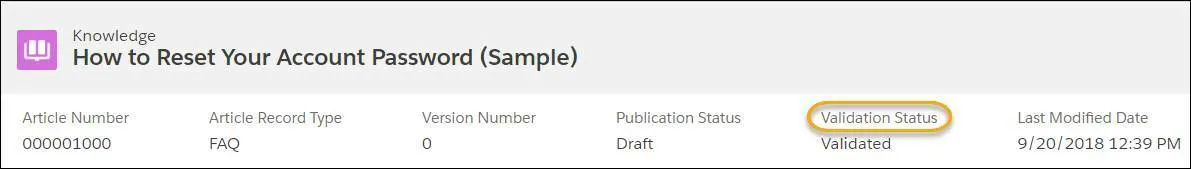 Sample article listing information: article number, article record type, version number, publication status, validation status, and last modified date.