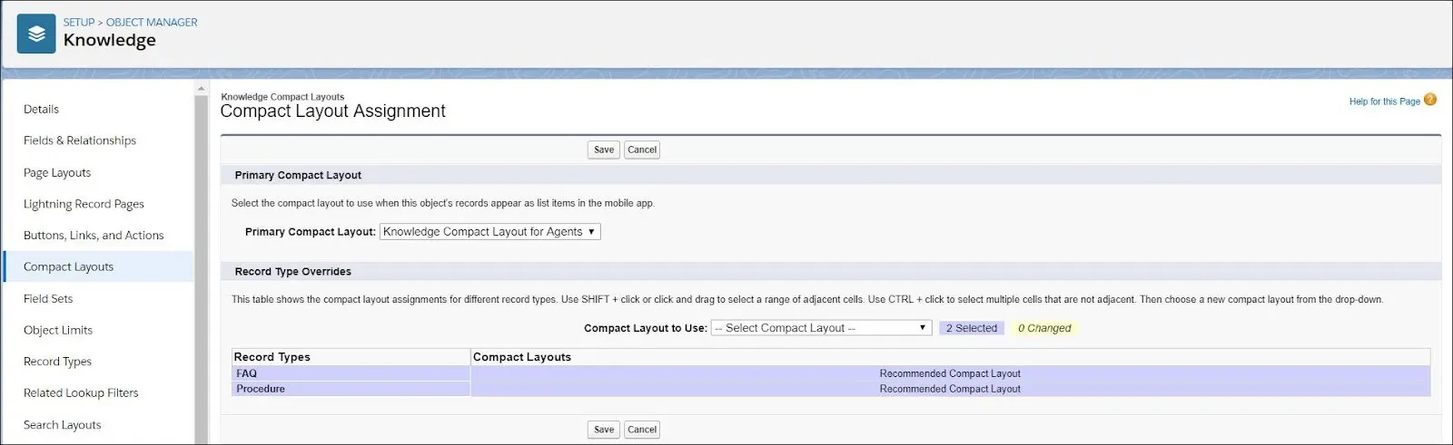 Compact Layout Assignment page with the FAQ and Procedure record types selected.