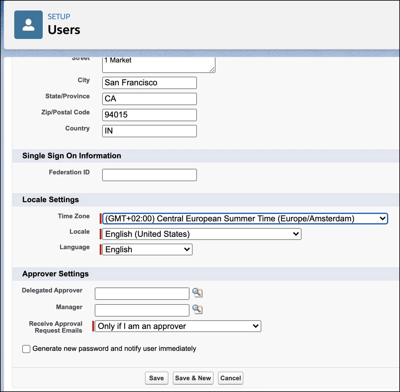 Locale Settings on the User Setup page with a new time zone selected.