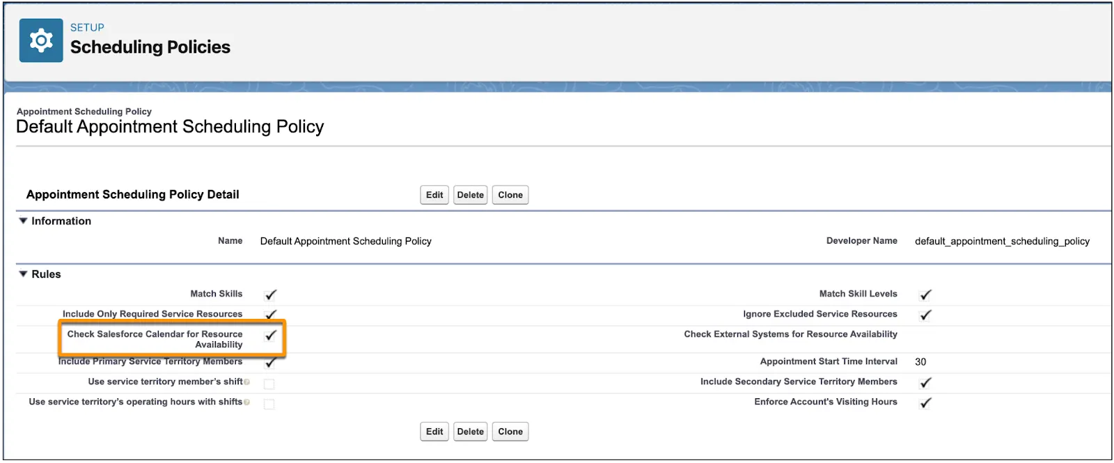 Default Appointment Scheduling Policy page with Check Salesforce Calendar for Resource Availability selected.