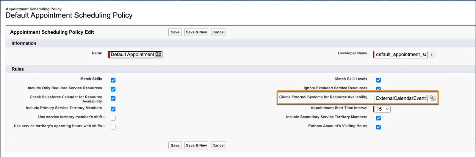 The Default Appointment Scheduling Policy page with an Apex class selected in the Check External Systems for Resource Availability scheduling policy rule.