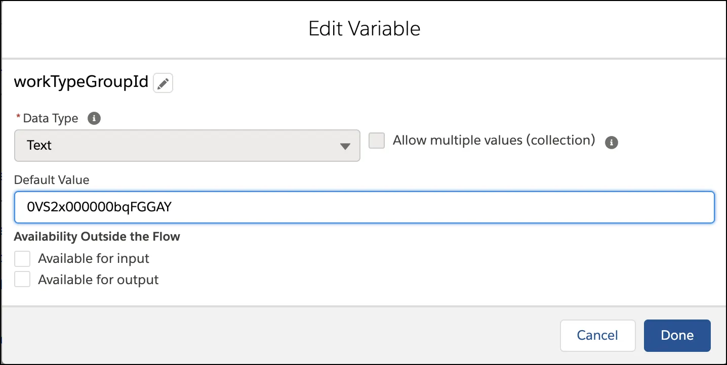 The Edit Variable window showing the Default Value changed to the code of the new appointment topic.