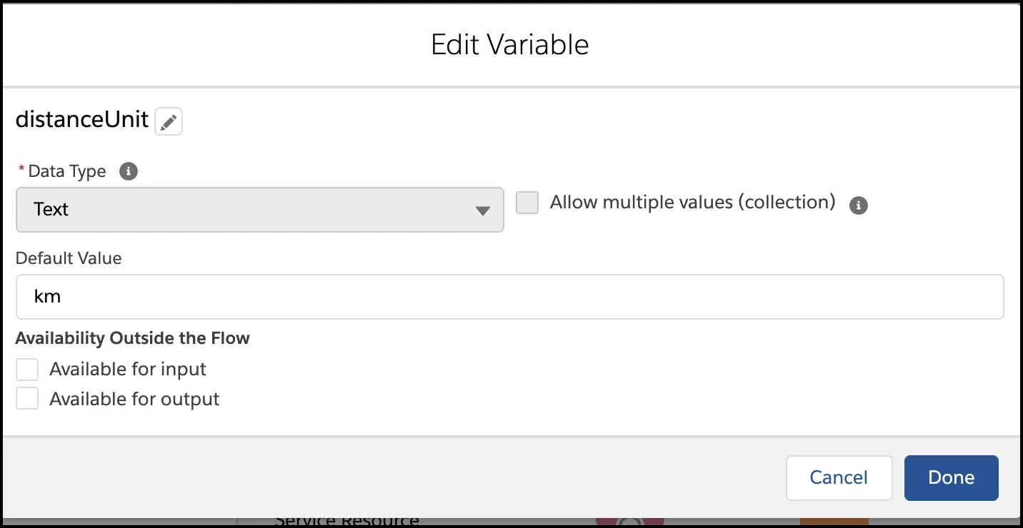 The Edit Variable window showing distance unit value changed to kilometer.
