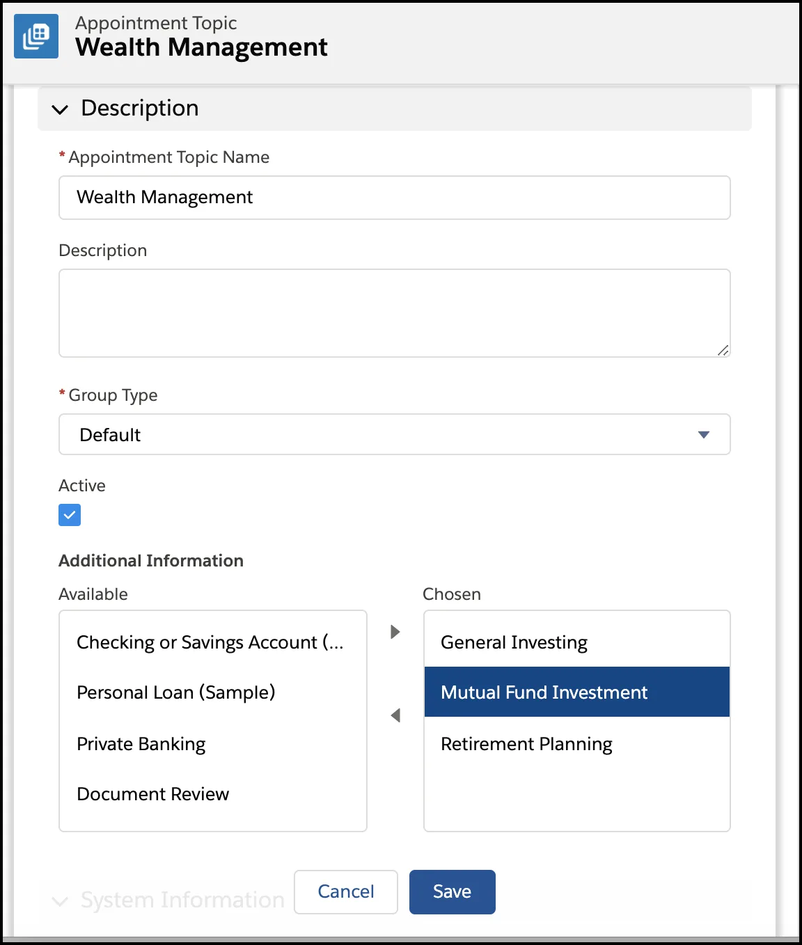 The Details page of appointment topic Wealth Management showing the topics available and chosen.