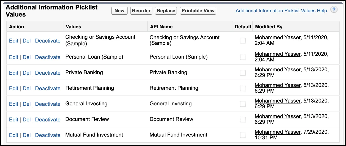 The section Additional Information Picklist Values showing appointment topics.