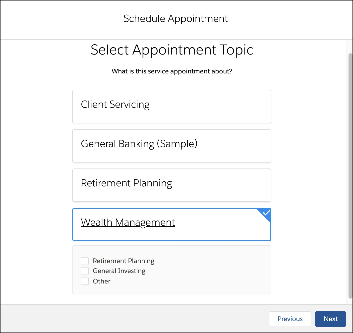 The Wealth Management topic showing subtopics Retirement Planning and General Investing.