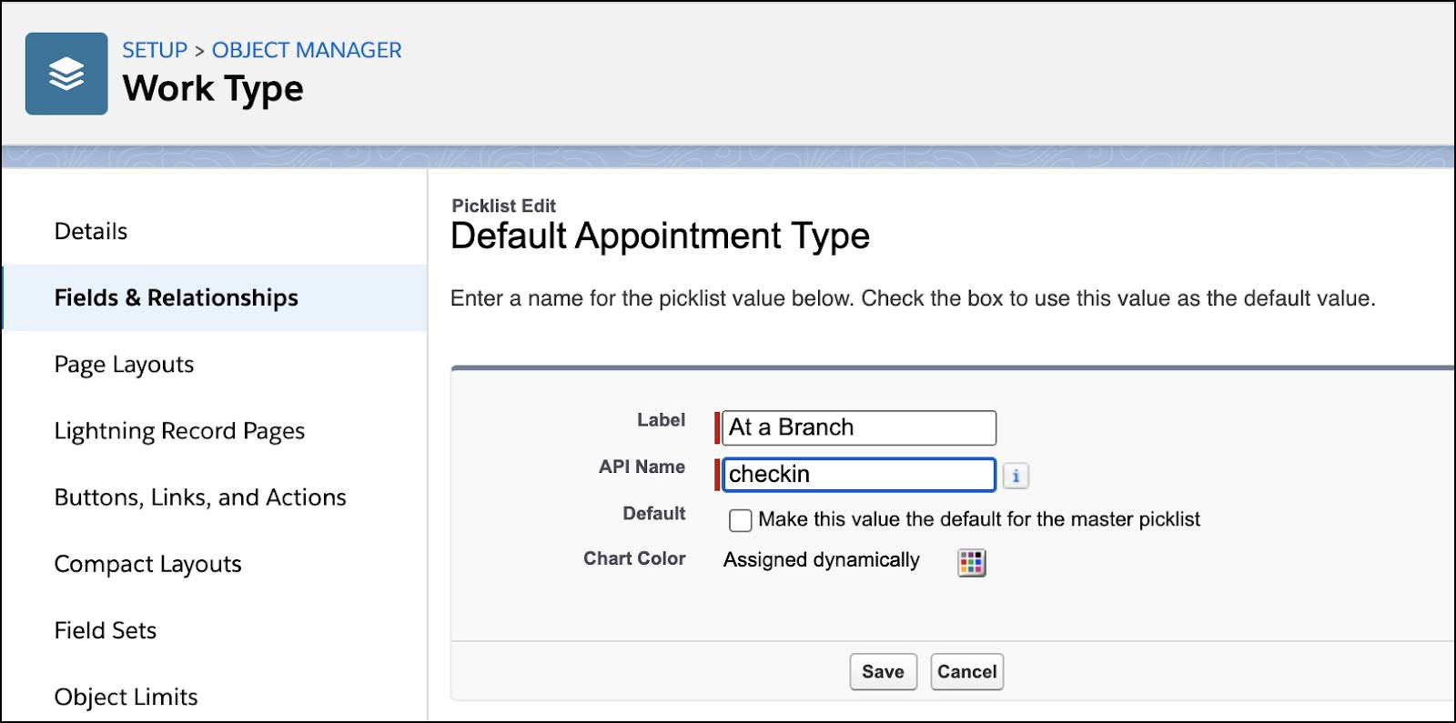 The Default Appointment Type window showing the API name changed to checkin.