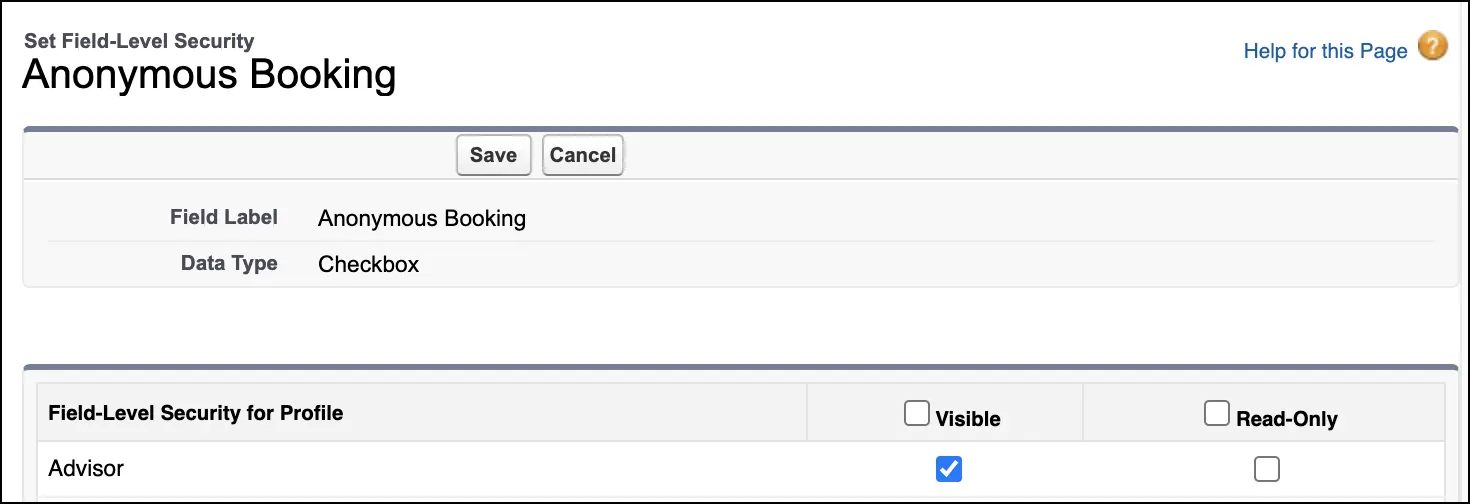 The Set Field-Level Security page showing Visible selected for Advisor.