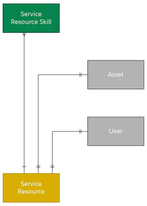 Part of the data model showing the relationship between Service Resource Skill, Service Resource, Asset, and User.