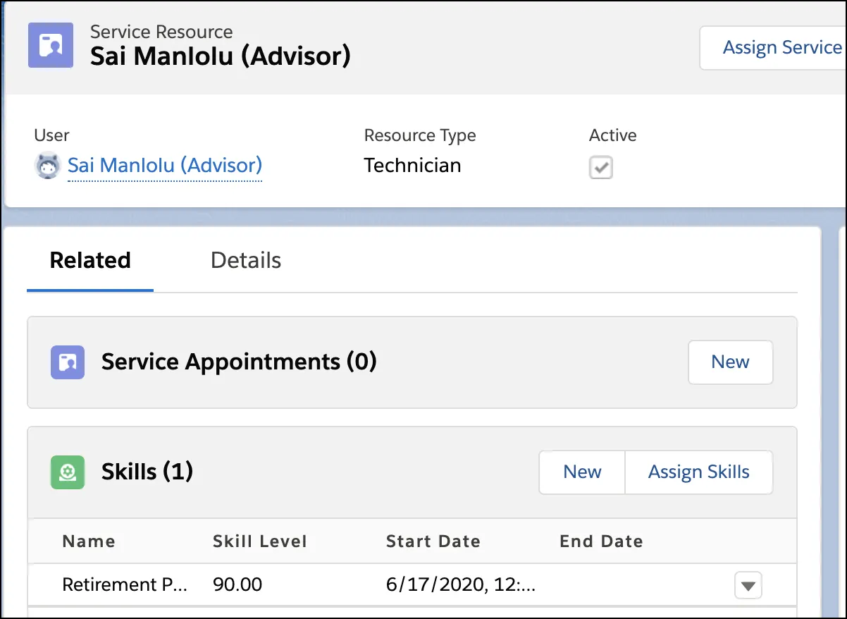 Sai Manlolu’s Service Resource record page showing his Skills.