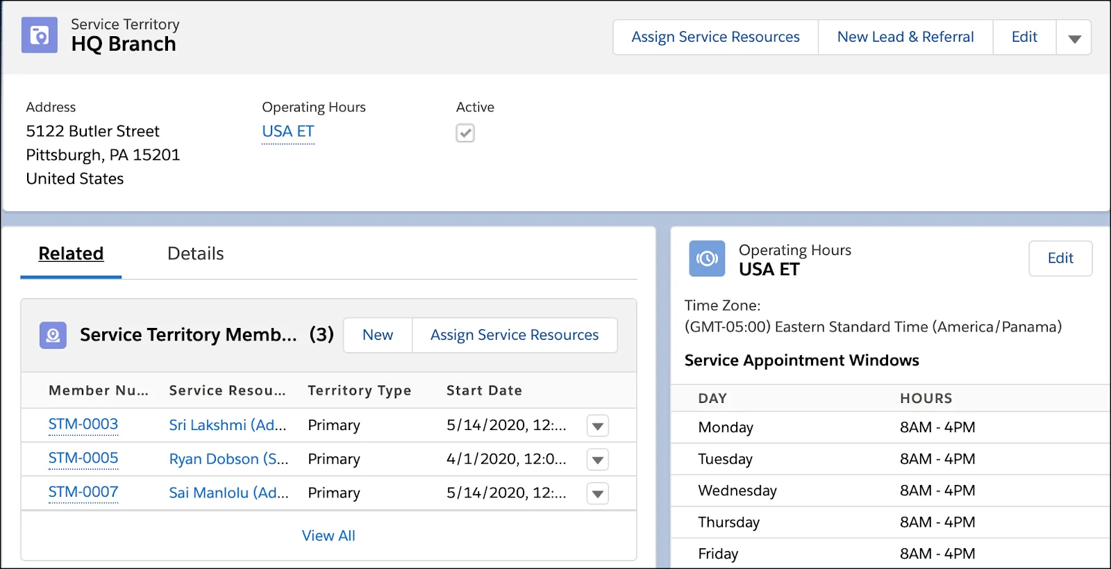 The Service Territory record page of the HQ Branch showing Operating Hours/Time Slots and Service Territory Members.