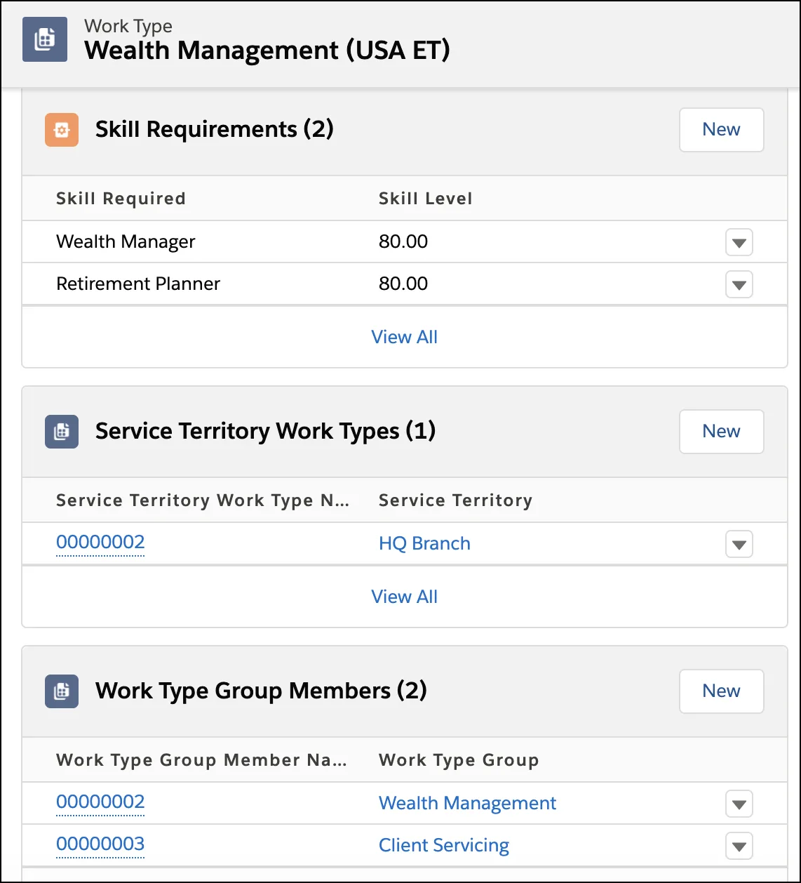 The Wealth Management Work Type record page