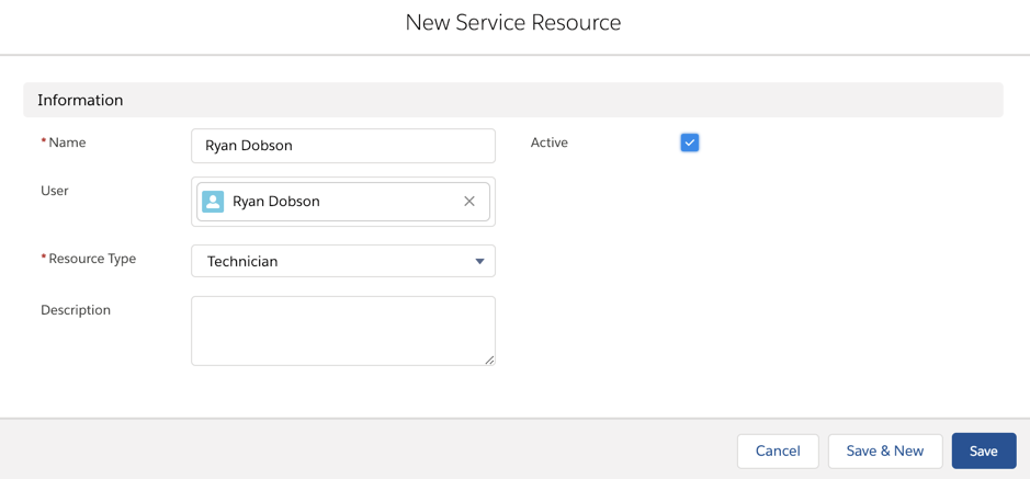 The New Service Resource page with details for Ryan Dobson entered