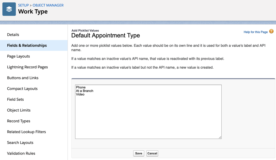 The Add Picklist Values page for the Default Appointment Type field (in the Work Type Group object), with values for Cumulus Bank’s Pittsburgh CBD branch entered.