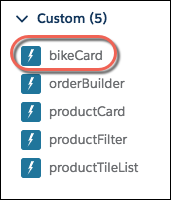 Lightning App Builder自定义组件菜单中的bikeCard组件选项。