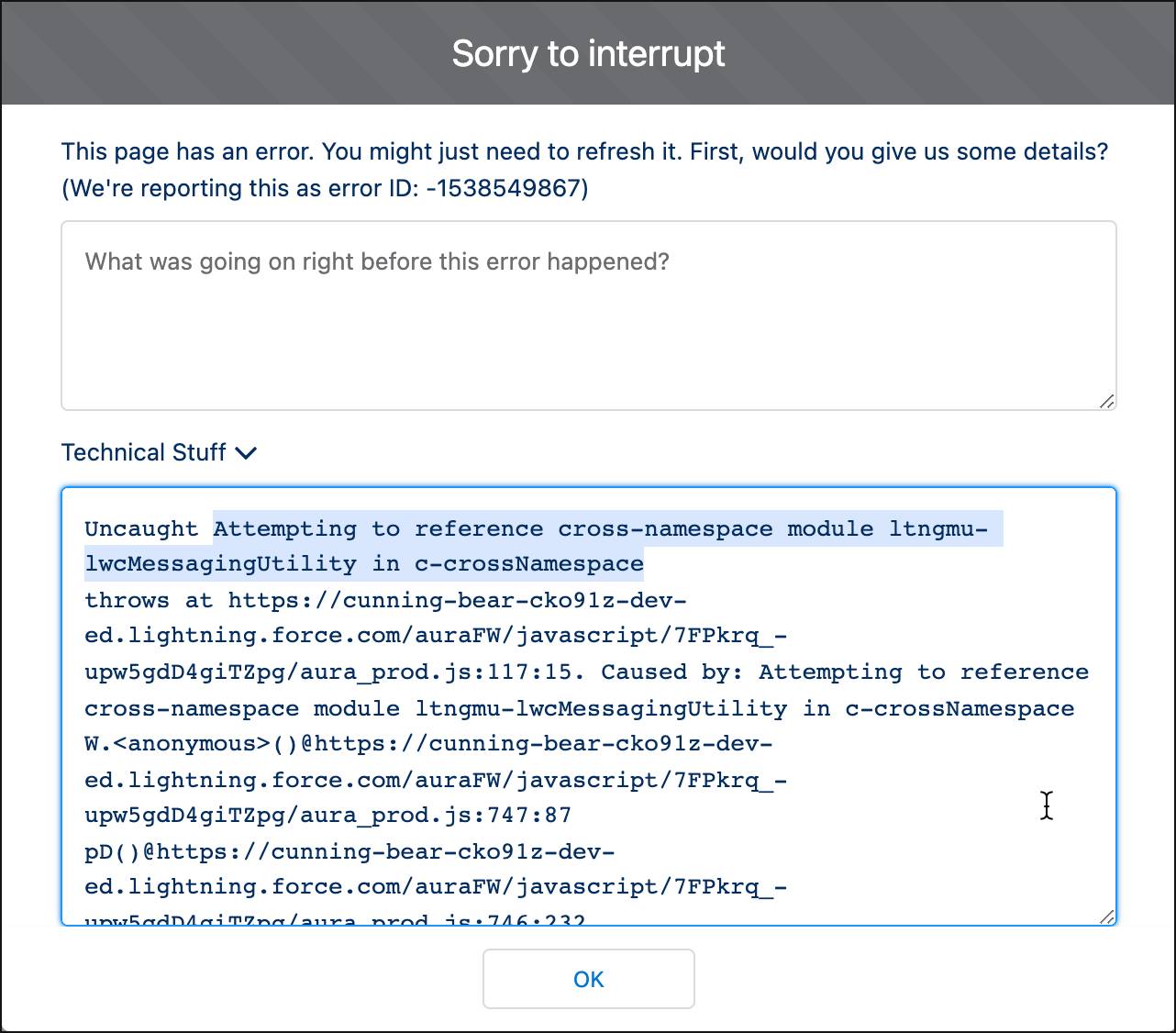 Error messaging stating that the component is attempting to reference another namespace.