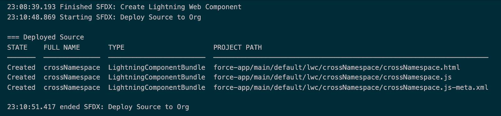 Integrated terminal showing the successful deployment to the org.