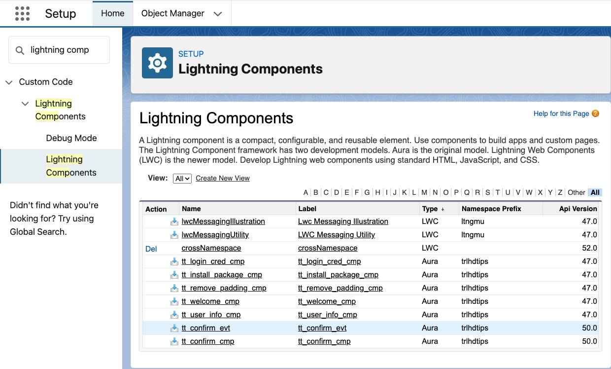 Composants Lightning dans Configuration affichant les types de composants Lightning présents dans cette organisation.